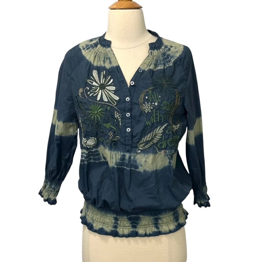 Desigual Tie Dye Peasant Blouse Top Shirred Hem 3/4 Sleeve Embroidered Size S